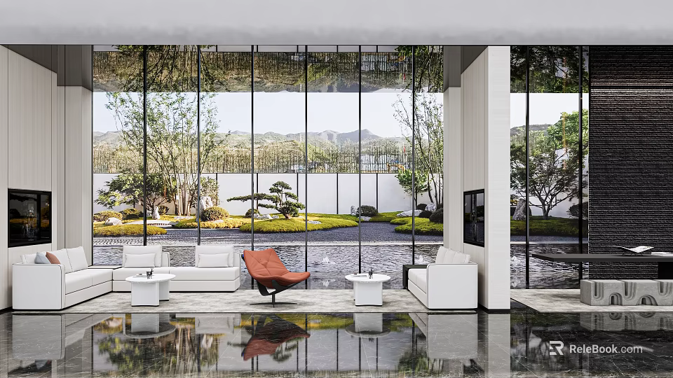 Modern Lounge Area With Large Windows Outdoor Greenery View And Comfortable Seating 3d model 