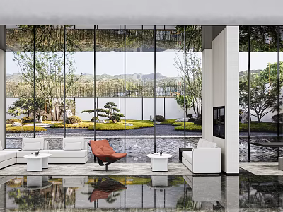Modern Lounge Area With Large Windows Outdoor Greenery View And Comfortable Seating 3d model