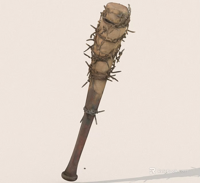 Primitive Handcrafted Wooden Stick With Sharp Thorns And Wrapped Rope 3d model 