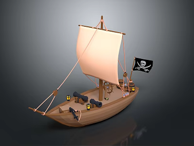 Detailed Wooden Pirate Ship Model With White Sail Jolly Roger Flag And Cannons 3d model