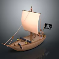 Detailed Wooden Pirate Ship Model With White Sail Jolly Roger Flag And Cannons