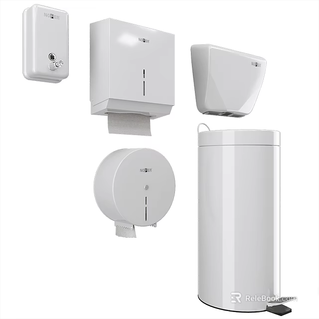 Modern White Bathroom Accessories Such As Dispensers Hand Dryer And Bin 3d model 