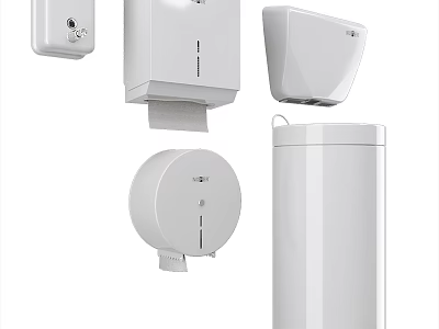 Modern White Bathroom Accessories Such As Dispensers Hand Dryer And Bin 3d model