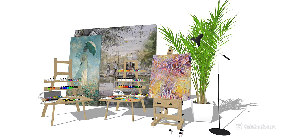 Professional Art Supplies Setup With Easels Canvases Paints And Palettes Near Plant And Floor Lamp 3d model 