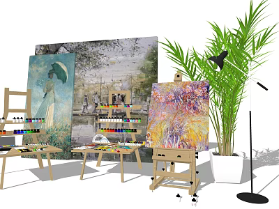Professional Art Supplies Setup With Easels Canvases Paints And Palettes Near Plant And Floor Lamp 3d model