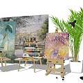 Professional Art Supplies Setup With Easels Canvases Paints And Palettes Near Plant And Floor Lamp