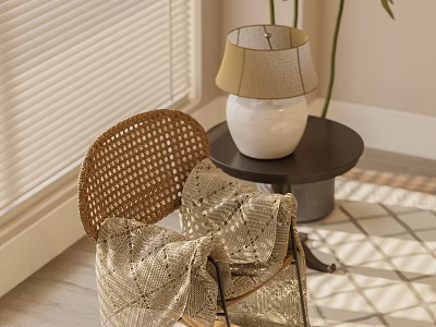 Rattan Leisure Chair with Patterned Blanket Beside Small Round Table and Lamp in Sunlit Room 3d model