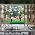 Modern Leisure Area With Floor To Ceiling Windows Green Plants White Sofas And Coffee Table