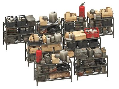 Warehouse Industrial Equipment Stored on Metal Shelves with Fire Extinguishers Buckets and Boxes 3d model