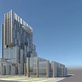Modern High Rise Office Building With Glass Curtain Wall And Green Plants On Urban Street