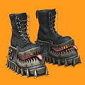 Black Spiked Platform Boots With Sharp Teeth Design On Orange Background