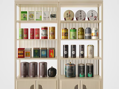 Organized Tea Storage Items on Beige Shelf with Colorful Tea Cans Decorative Plates And Boxes 3d model