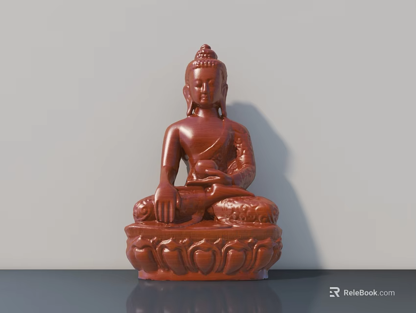 Carved Red Buddha Sculpture with Lotus Base on Gray Tabletop Against Gray Wall 3d model 