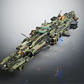 Large Futuristic Battle Style Sci-Fi Spaceship With Complex Mechanical Structure Green Gray Tones Blue Lights