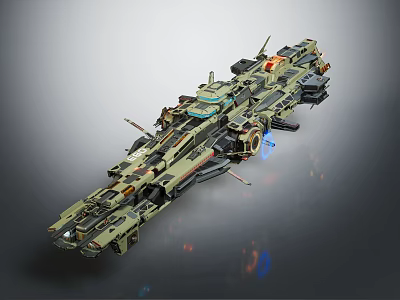 Large Futuristic Battle Style Sci-Fi Spaceship With Complex Mechanical Structure Green Gray Tones Blue Lights 3d model