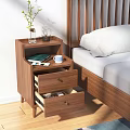 Modern Wooden Bedside Table with Plant Vase Blue Mug Green Book and Cards