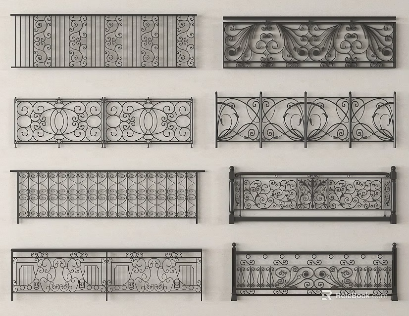Collection of Decorative Wrought Iron Railings Featuring Intricate Patterns and Various Designs 3d model 