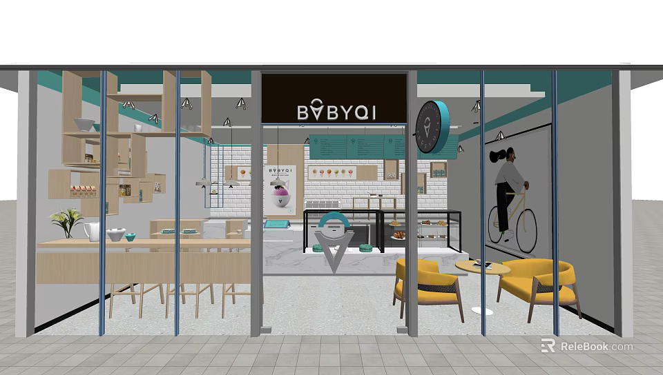 Dessert Shop Interior Design With Glass Front Display Cabinets Yellow Chairs And Decorative Elements 3d model 