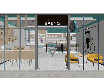 Dessert Shop Interior Design With Glass Front Display Cabinets Yellow Chairs And Decorative Elements 3d model