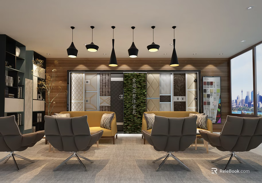 Modern Store Showroom With Comfortable Furniture Green Living Wall And City View 3d model 