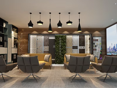 Modern Store Showroom With Comfortable Furniture Green Living Wall And City View 3d model