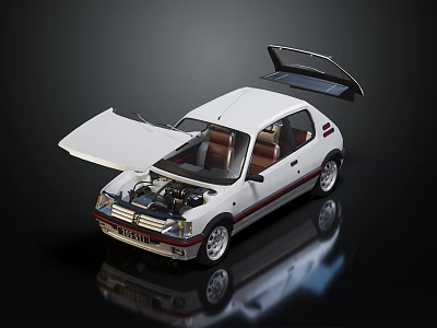 Detailed White Car Model With Open Hood Trunk And Brown Interior Seats 3d model