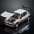 Detailed White Car Model With Open Hood Trunk And Brown Interior Seats