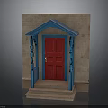 Traditional Porch Entrance With Red Door Blue Frame And Brick Wall Steps