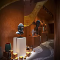 Elegant Traditional Interior With Woven Chandelier Stone Basin Ceramic Vases And Decorative Items