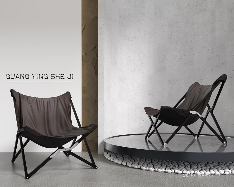 Two Black Leather Lounge Chairs With Metal Frames On Stylish Platform And Pebbles 3d model 