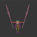 Scifi Character With Purple Body Green Yellow Details And Red Weapons In Dark Background