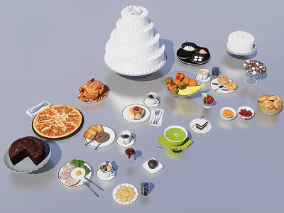 Assorted Foods Display With Layered Cake Pizza Fruit Platter And Pastries 3d model