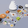 Assorted Foods Display With Layered Cake Pizza Fruit Platter And Pastries