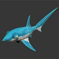 Cartoon Blue Shark Toy with Big Eyes Open Mouth White Belly and Dark Background Reflection