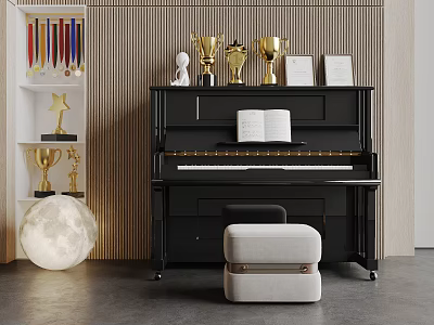 Art Supplies and Musical Instruments with Black Piano Open Music Book Trophies and Medals 3d model