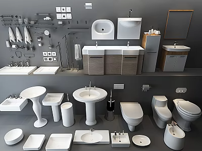 Modern Bathroom Combination With Sinks Toilets Mirrors Cabinets Racks And Accessories 3d model