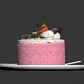 Pink cream cake with fresh peach blueberries on white plate and silver fork