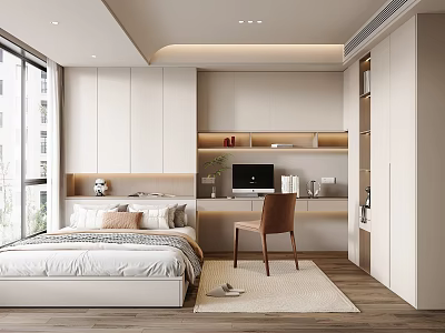Modern Tatami Bedroom Interior Design With Bed Desk Chair Bookshelf And Window Lighting 3d model