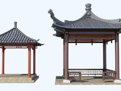 Traditional Chinese Pavilions With Black Tiled Roofs Red Dark Columns And Stone Base 3d model