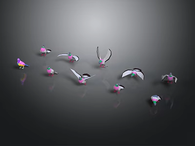 Colorful Birds with Spreading Wings and Resting Positions on Black Background with Reflective Surface 3d model