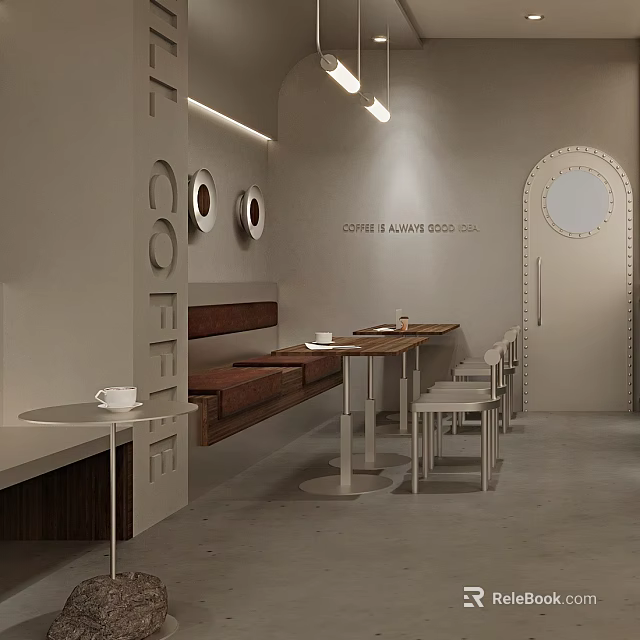 Minimalist Modern Café Interior With Coffee Bakes Goods Hall Circular Decorations Bench Tables Chairs Lighting 3d model 
