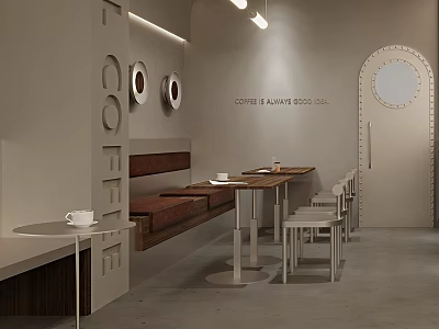 Minimalist Modern Café Interior With Coffee Bakes Goods Hall Circular Decorations Bench Tables Chairs Lighting 3d model