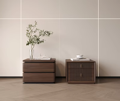 Two Wooden Bedside Tables With Green Plant Cup and Books Against Light Wall Wooden Floor 3d model
