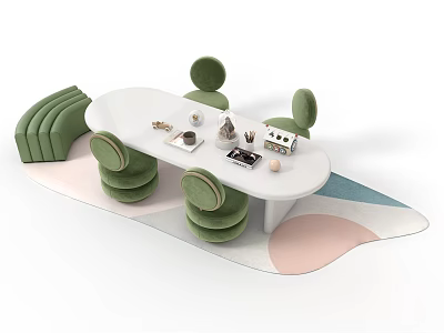 White Oval Kids Table With Green Cushioned Chairs And Colorful Geometric Rug 3d model