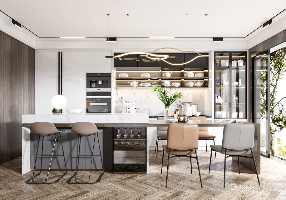 Modern Dining Table Set With Bar Stools Pendant Lights And Wooden Cabinets 3d model