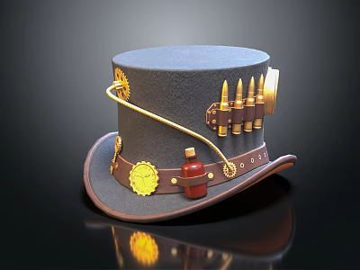 Steampunk Style Dark Leather Hat With Gears Bullets Vial And Metal Badge 3d model