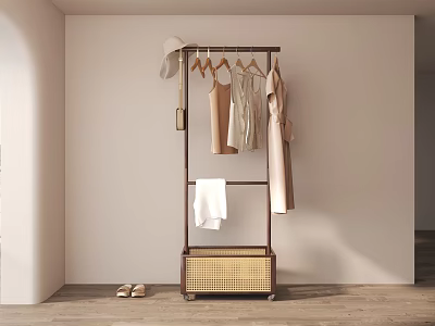 Minimalist Clothes Rack With Hanging Dresses Tops Hat Towel And Woven Basket On Wooden Floor 3d model