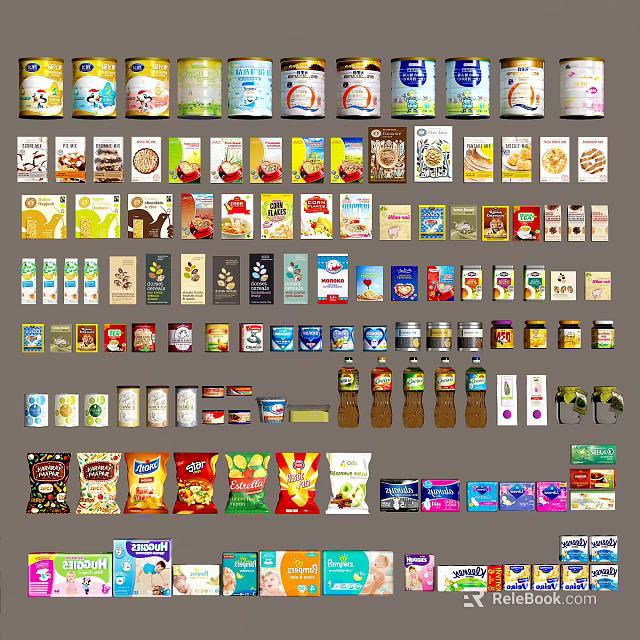 Various Packaged Food Products Including Snacks Cereals Beverages And Grocery Items 3d model 