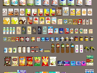 Various Packaged Food Products Including Snacks Cereals Beverages And Grocery Items 3d model
