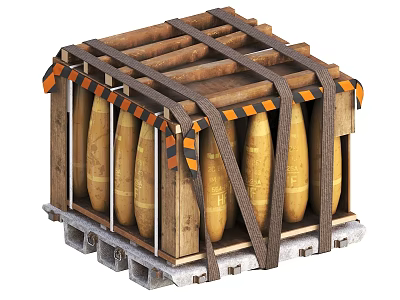 Yellow Artillery Shells Strapped in Wooden Crate With Orange Black Warning Stripes 3d model